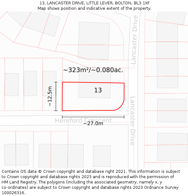 13, LANCASTER DRIVE, LITTLE LEVER, BOLTON, BL3 1XF: Plot and title map