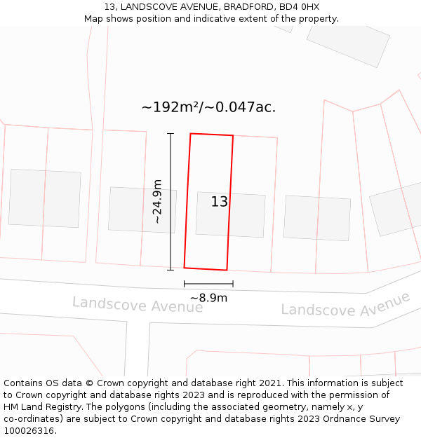 13, LANDSCOVE AVENUE, BRADFORD, BD4 0HX: Plot and title map