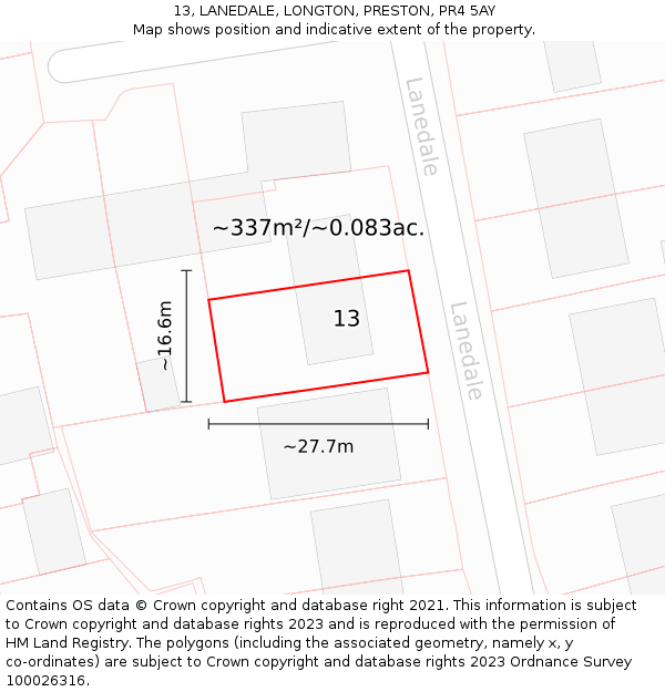 13, LANEDALE, LONGTON, PRESTON, PR4 5AY: Plot and title map