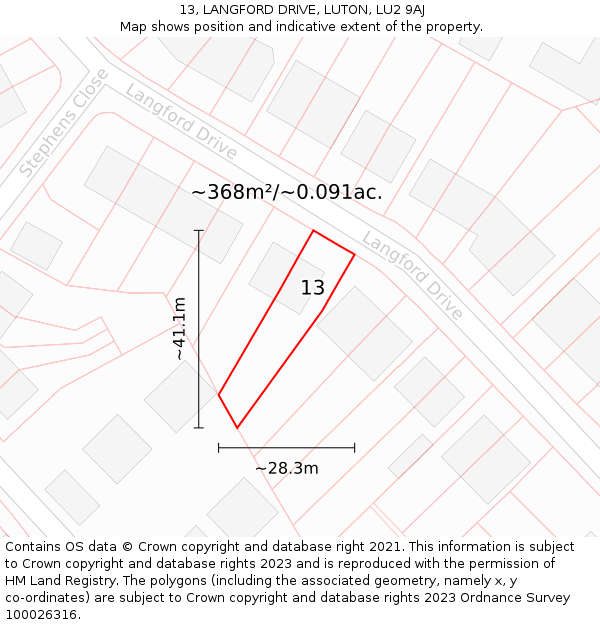 13, LANGFORD DRIVE, LUTON, LU2 9AJ: Plot and title map