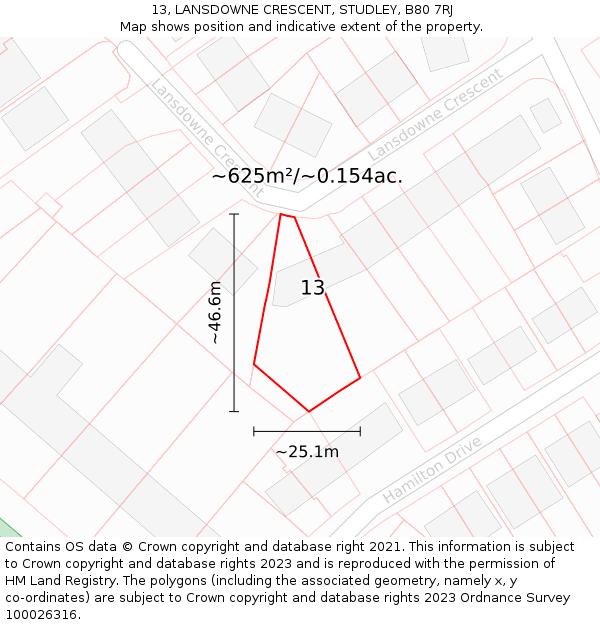 13, LANSDOWNE CRESCENT, STUDLEY, B80 7RJ: Plot and title map