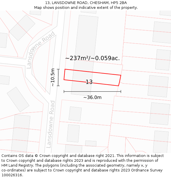 13, LANSDOWNE ROAD, CHESHAM, HP5 2BA: Plot and title map