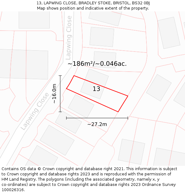 13, LAPWING CLOSE, BRADLEY STOKE, BRISTOL, BS32 0BJ: Plot and title map