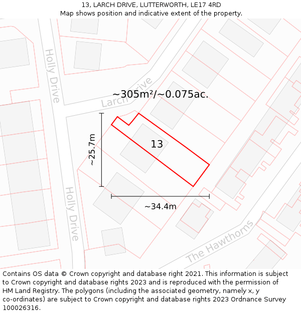 13, LARCH DRIVE, LUTTERWORTH, LE17 4RD: Plot and title map