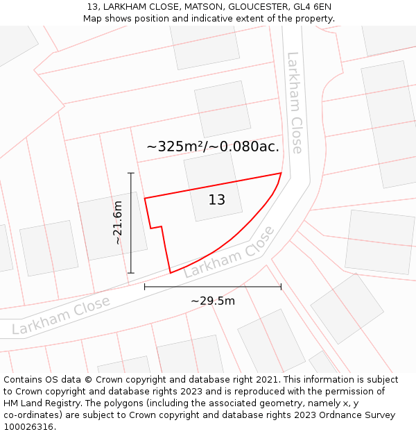 13, LARKHAM CLOSE, MATSON, GLOUCESTER, GL4 6EN: Plot and title map