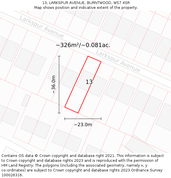 13, LARKSPUR AVENUE, BURNTWOOD, WS7 4SR: Plot and title map