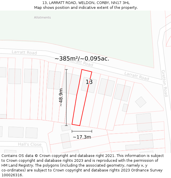 13, LARRATT ROAD, WELDON, CORBY, NN17 3HL: Plot and title map