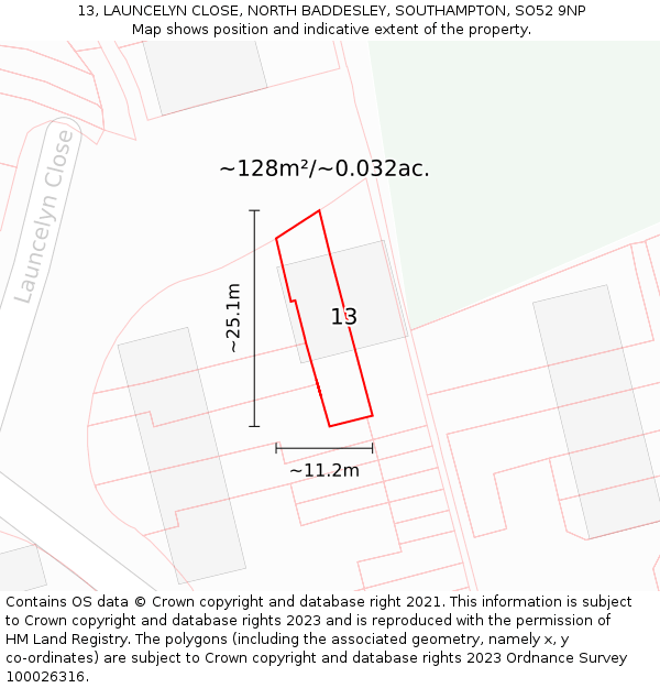13, LAUNCELYN CLOSE, NORTH BADDESLEY, SOUTHAMPTON, SO52 9NP: Plot and title map