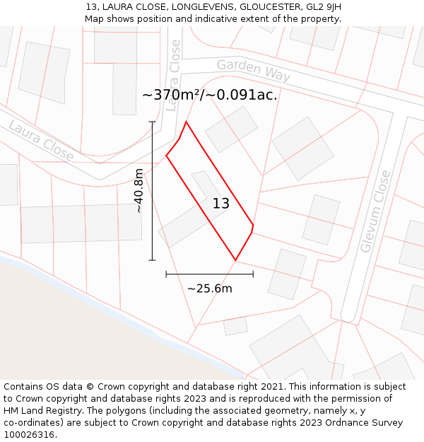 13, LAURA CLOSE, LONGLEVENS, GLOUCESTER, GL2 9JH: Plot and title map