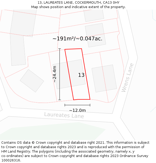 13, LAUREATES LANE, COCKERMOUTH, CA13 0HY: Plot and title map