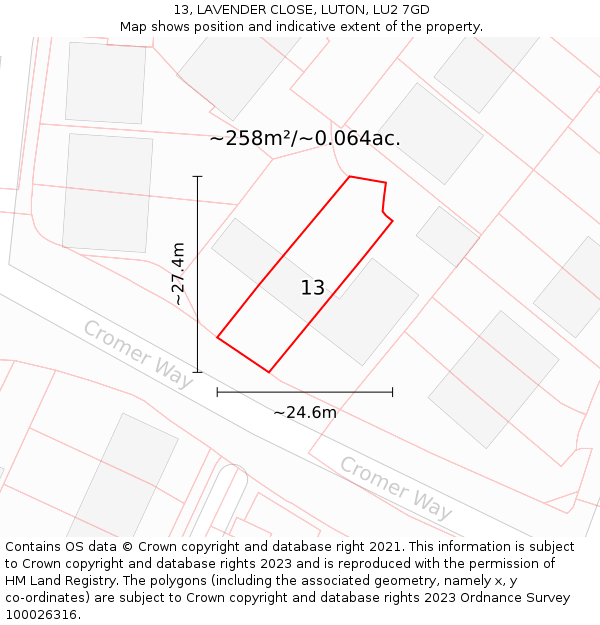 13, LAVENDER CLOSE, LUTON, LU2 7GD: Plot and title map