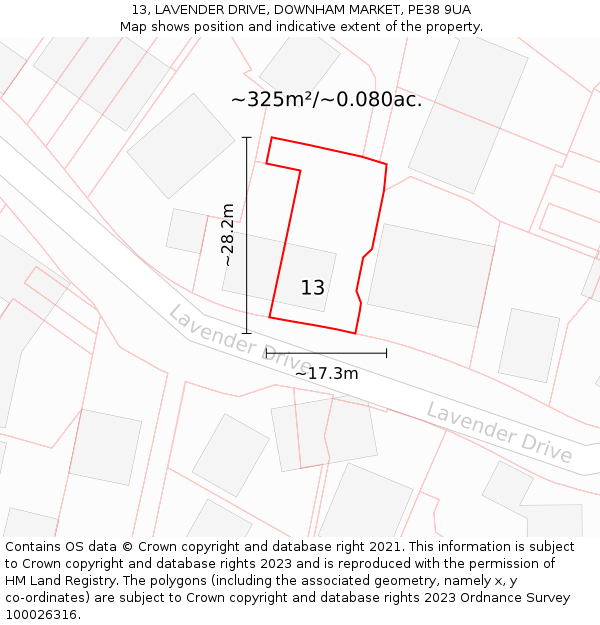 13, LAVENDER DRIVE, DOWNHAM MARKET, PE38 9UA: Plot and title map