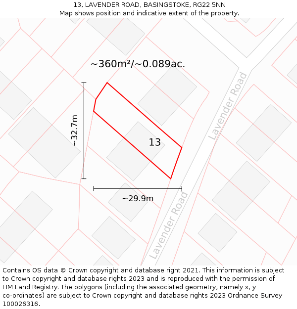13, LAVENDER ROAD, BASINGSTOKE, RG22 5NN: Plot and title map