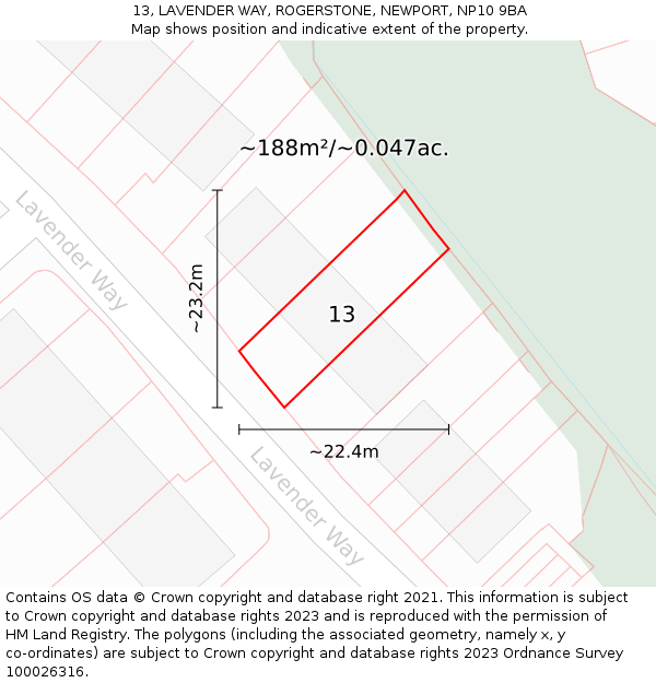 13, LAVENDER WAY, ROGERSTONE, NEWPORT, NP10 9BA: Plot and title map
