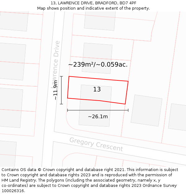 13, LAWRENCE DRIVE, BRADFORD, BD7 4PF: Plot and title map