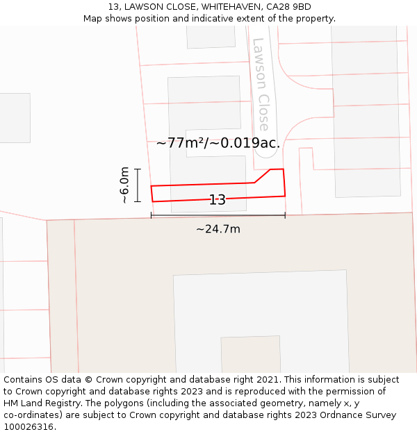 13, LAWSON CLOSE, WHITEHAVEN, CA28 9BD: Plot and title map