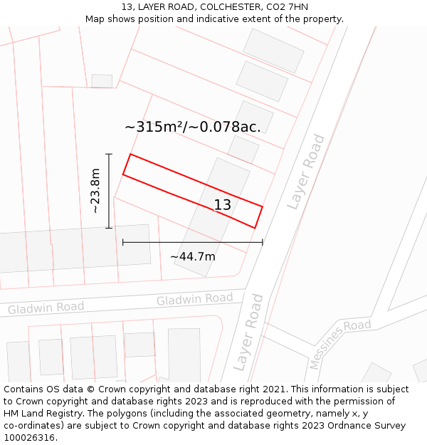 13, LAYER ROAD, COLCHESTER, CO2 7HN: Plot and title map