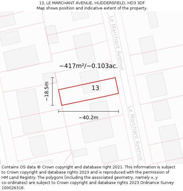 13, LE MARCHANT AVENUE, HUDDERSFIELD, HD3 3DF: Plot and title map