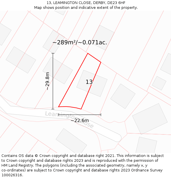 13, LEAMINGTON CLOSE, DERBY, DE23 6HF: Plot and title map