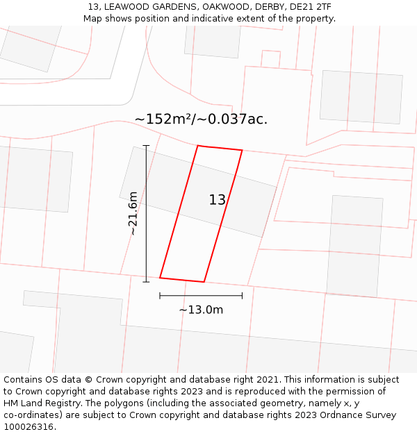 13, LEAWOOD GARDENS, OAKWOOD, DERBY, DE21 2TF: Plot and title map