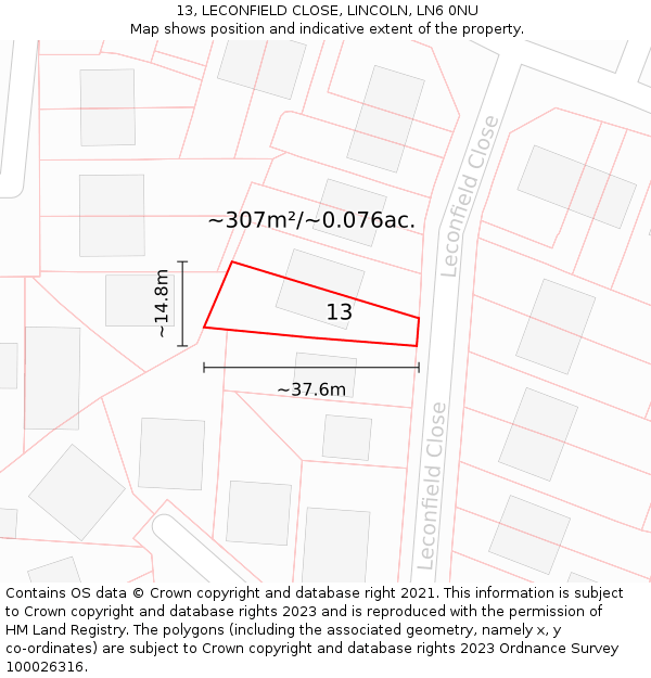 13, LECONFIELD CLOSE, LINCOLN, LN6 0NU: Plot and title map