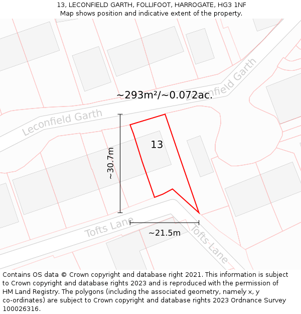 13, LECONFIELD GARTH, FOLLIFOOT, HARROGATE, HG3 1NF: Plot and title map