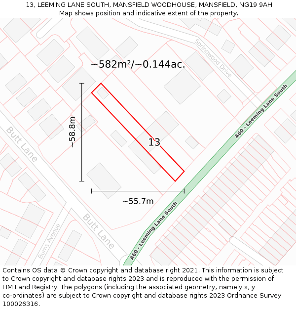 13, LEEMING LANE SOUTH, MANSFIELD WOODHOUSE, MANSFIELD, NG19 9AH: Plot and title map