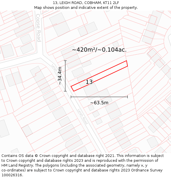 13, LEIGH ROAD, COBHAM, KT11 2LF: Plot and title map