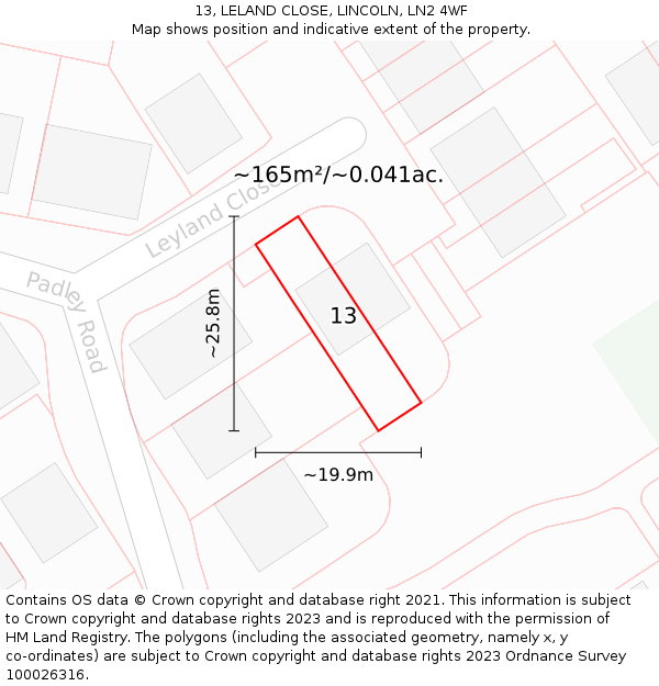 13, LELAND CLOSE, LINCOLN, LN2 4WF: Plot and title map
