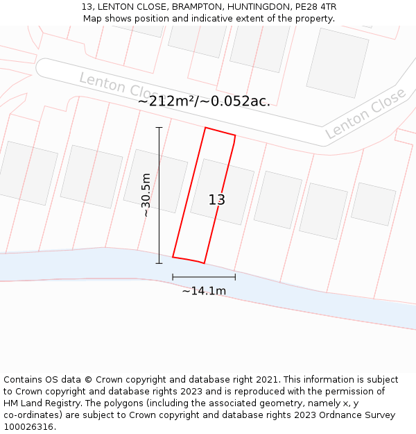 13, LENTON CLOSE, BRAMPTON, HUNTINGDON, PE28 4TR: Plot and title map