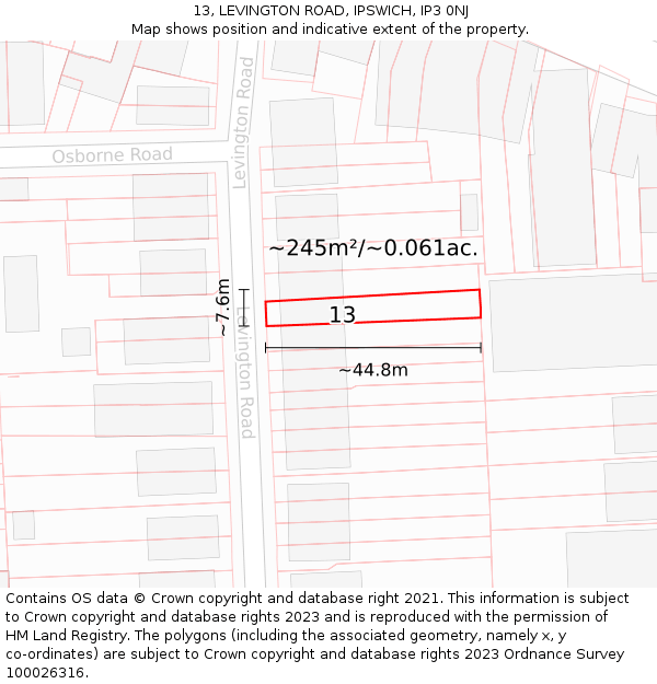 13, LEVINGTON ROAD, IPSWICH, IP3 0NJ: Plot and title map