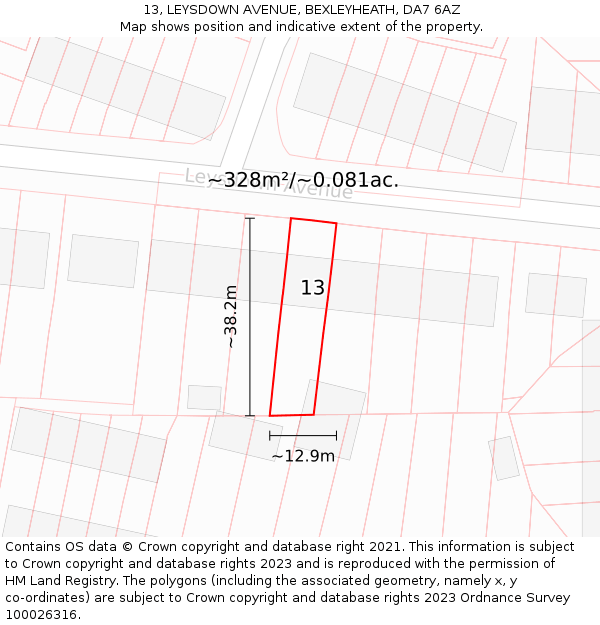13, LEYSDOWN AVENUE, BEXLEYHEATH, DA7 6AZ: Plot and title map