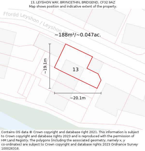 13, LEYSHON WAY, BRYNCETHIN, BRIDGEND, CF32 9AZ: Plot and title map