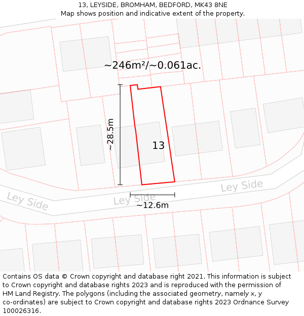 13, LEYSIDE, BROMHAM, BEDFORD, MK43 8NE: Plot and title map