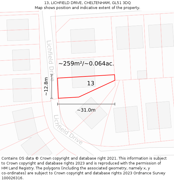 13, LICHFIELD DRIVE, CHELTENHAM, GL51 3DQ: Plot and title map