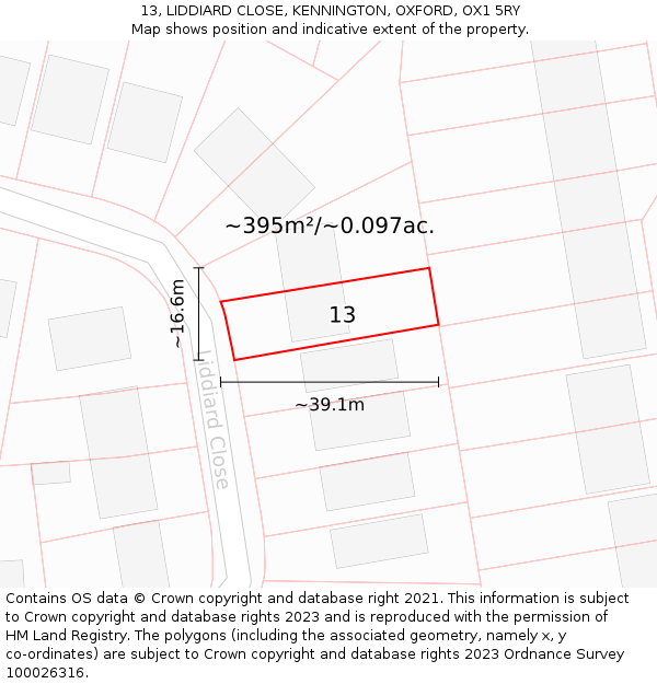 13, LIDDIARD CLOSE, KENNINGTON, OXFORD, OX1 5RY: Plot and title map