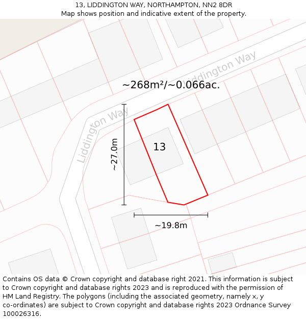 13, LIDDINGTON WAY, NORTHAMPTON, NN2 8DR: Plot and title map