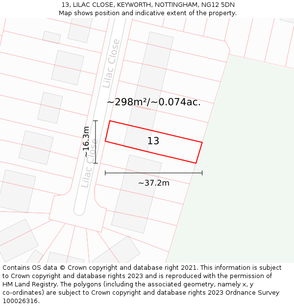 13, LILAC CLOSE, KEYWORTH, NOTTINGHAM, NG12 5DN: Plot and title map