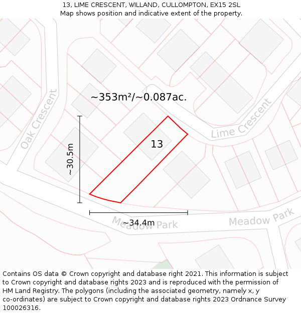13, LIME CRESCENT, WILLAND, CULLOMPTON, EX15 2SL: Plot and title map