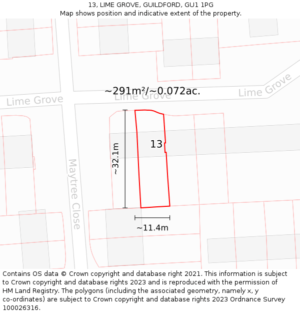 13, LIME GROVE, GUILDFORD, GU1 1PG: Plot and title map