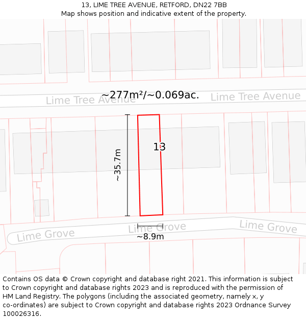 13, LIME TREE AVENUE, RETFORD, DN22 7BB: Plot and title map