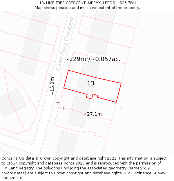 13, LIME TREE CRESCENT, KIPPAX, LEEDS, LS25 7BH: Plot and title map