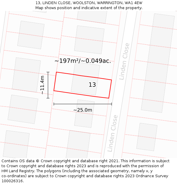 13, LINDEN CLOSE, WOOLSTON, WARRINGTON, WA1 4EW: Plot and title map
