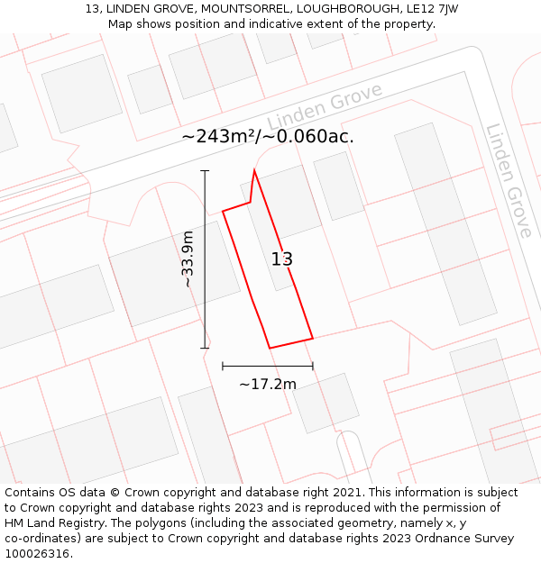 13, LINDEN GROVE, MOUNTSORREL, LOUGHBOROUGH, LE12 7JW: Plot and title map