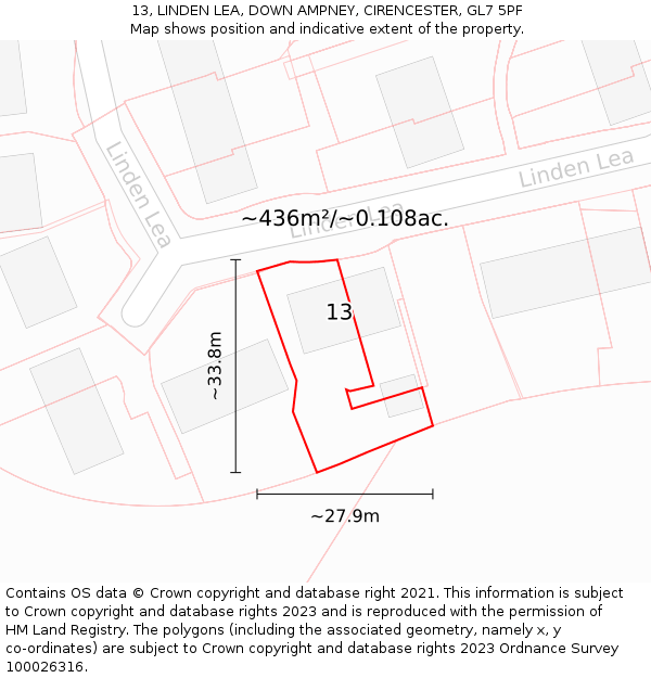 13, LINDEN LEA, DOWN AMPNEY, CIRENCESTER, GL7 5PF: Plot and title map