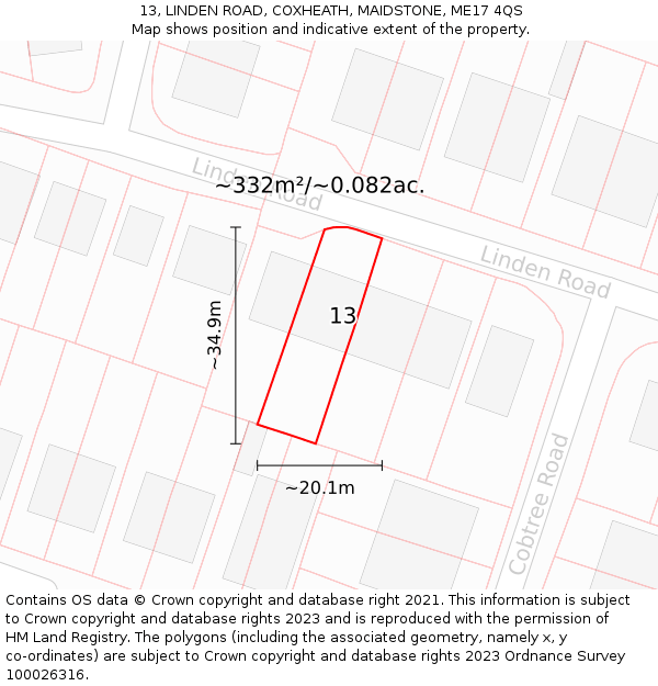 13, LINDEN ROAD, COXHEATH, MAIDSTONE, ME17 4QS: Plot and title map
