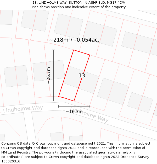 13, LINDHOLME WAY, SUTTON-IN-ASHFIELD, NG17 4DW: Plot and title map