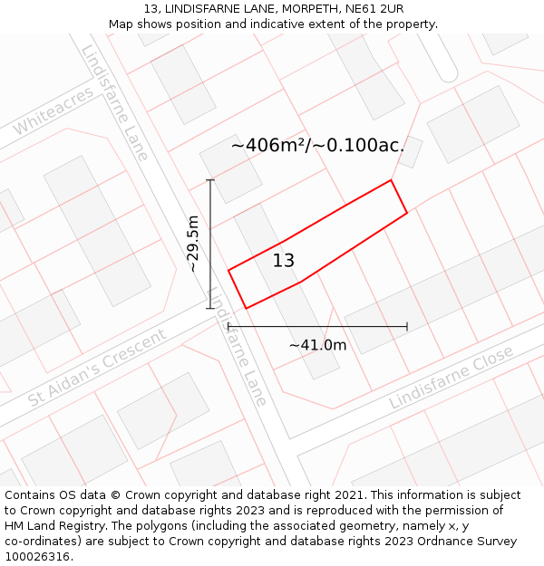 13, LINDISFARNE LANE, MORPETH, NE61 2UR: Plot and title map