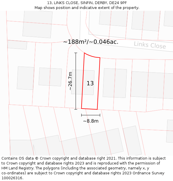 13, LINKS CLOSE, SINFIN, DERBY, DE24 9PF: Plot and title map