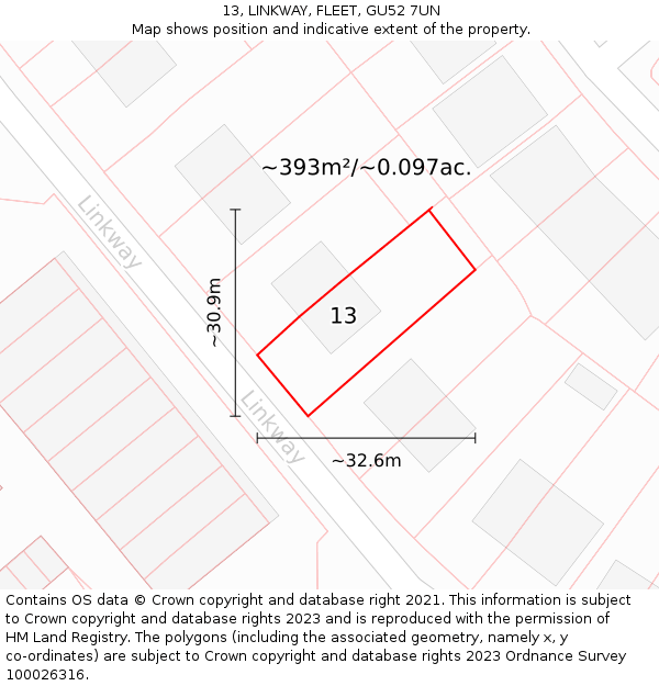 13, LINKWAY, FLEET, GU52 7UN: Plot and title map